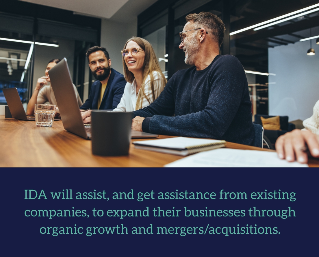 IDA will assist, and get assistance from existing companies, to expand their businesses through organic growth and mergers/acquisitions.