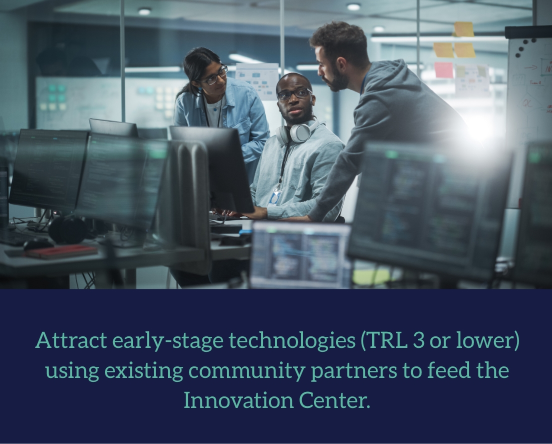 Attract early-stage technologies (TRL 3 or lower) using existing community partners to feed the Innovation Center.